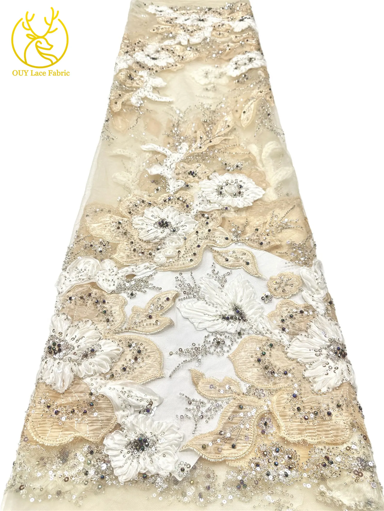 3D Handgefertigter Stickerei-Tüll-Spitzenstoff 2026 Afrikanischer Pailletten-Perlen-Spitzenstoff Nigerianischer Brautkleid-Spitzenstoff DIY Nähstoff – Detail 12