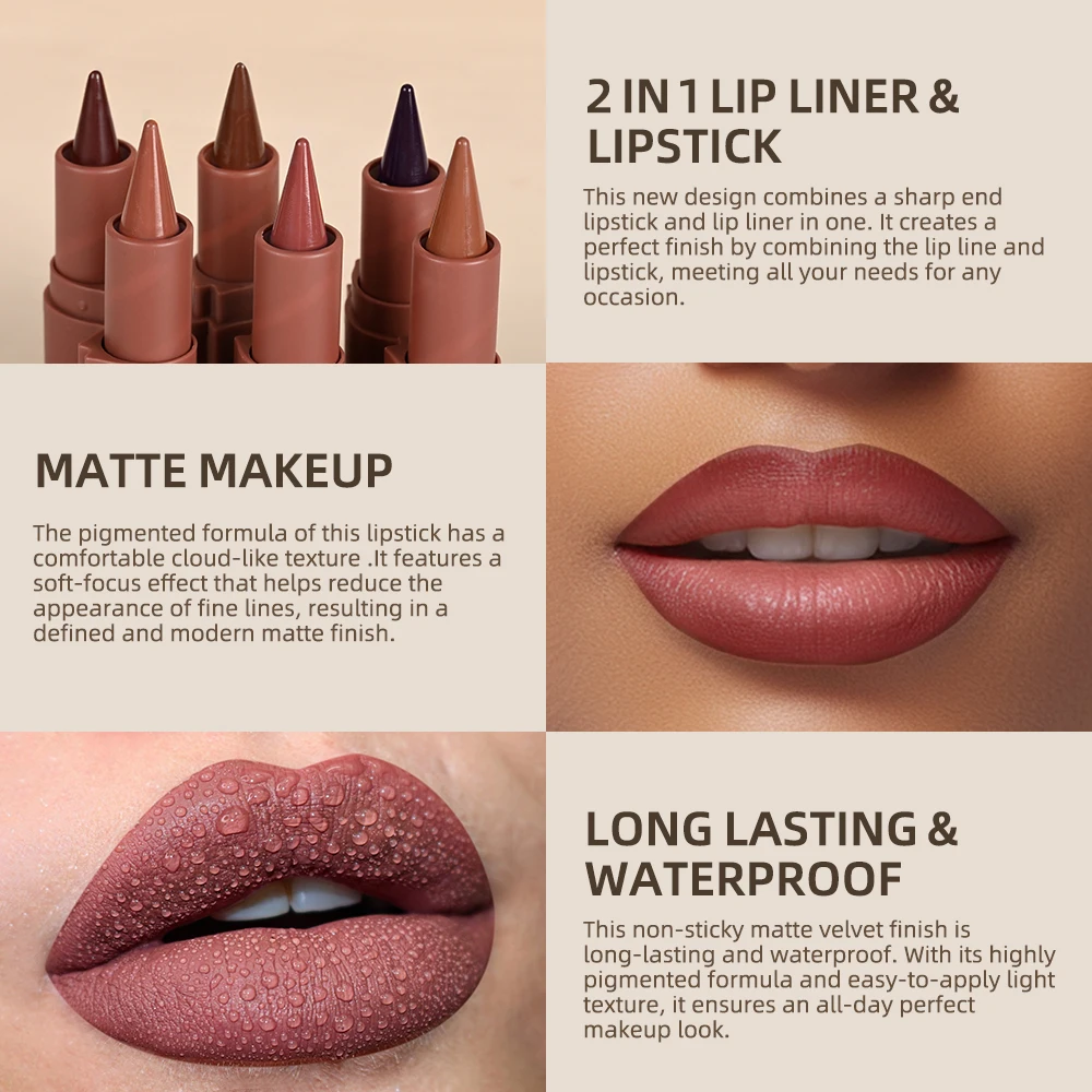 2in1 Lip Liner&Lipstick Pen Gradient Matte Liner Lipstick Brown Lipsticks Pencil Lasting Waterproof Lip Stick Sexy Lip Cosmetics