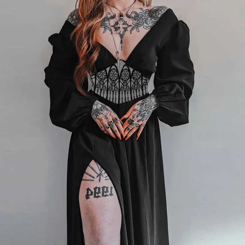 Fashion Hipster Slim Print Waist Big V-neck Dress Woman Halloween Party Black Dress Mysterious Witch Renaissance Daily Cosplay