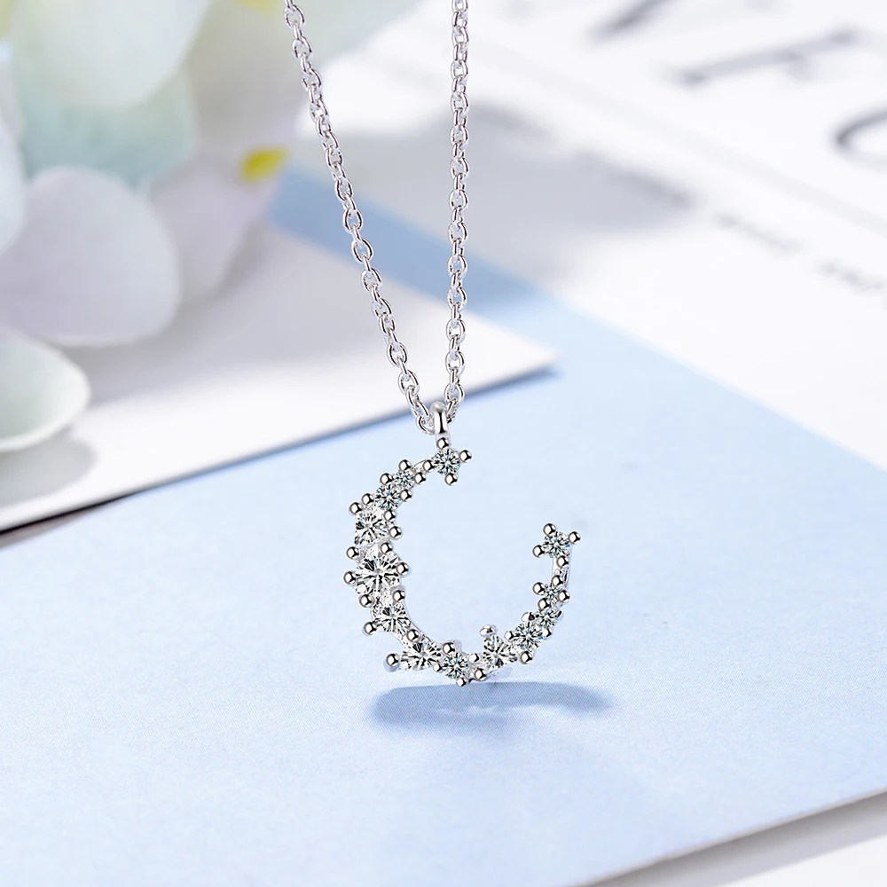 Choker Genuine 925 Sterling Silver Irregular Zircon Crescent Moon Pendant Necklace For Women Wedding S925 Necklace Jewelry