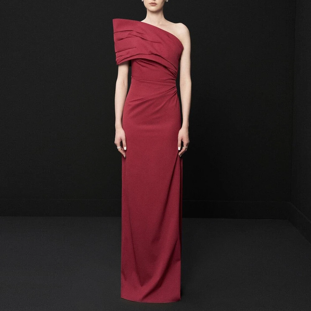 Muloong Gorgeous Claret Red Ladies One Shoulder Straight Dresses Gala Floor Length Pleated Dresses for Special Events