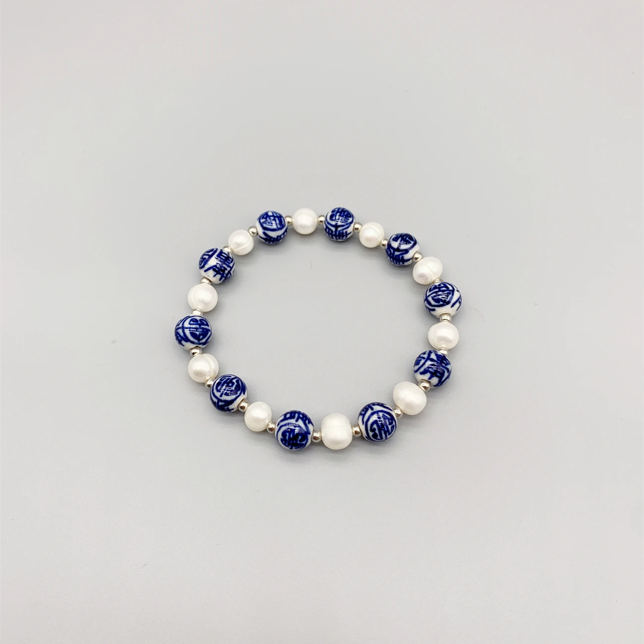 FoLisaUnique 9mm Blue Ceramic 7-8mm White Freshwater Pearls Bracelet Characters Long Life Happiness Blessing Stretchy