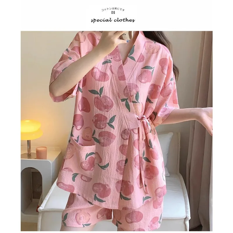 Womens Nightwear Loungewear Kimono Pajamas Student Short Sleeves Shorts Peach Print Tops and Pants Set Sleepwear Comfortable