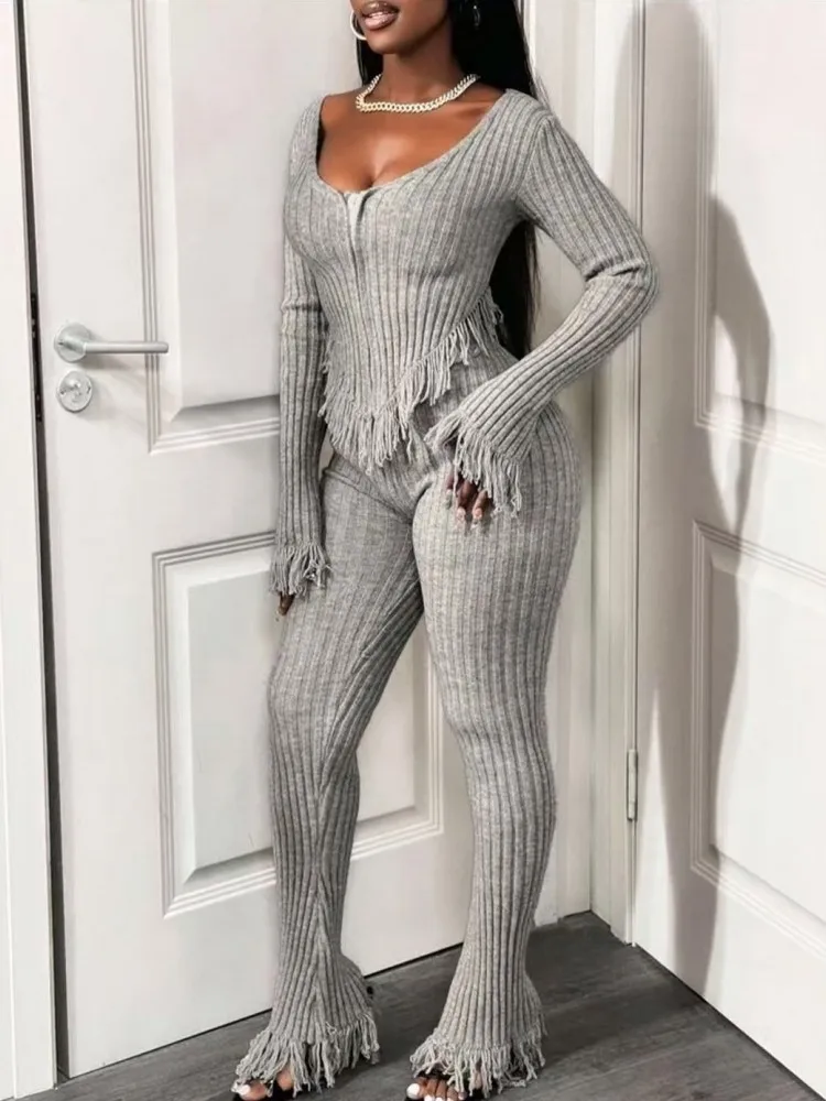 Set da donna da 2 pezzi Set coordinati autunno inverno Cerniera manica lunga maglione lavorato a maglia Top e pantaloni Abiti Abiti Abbigliamento