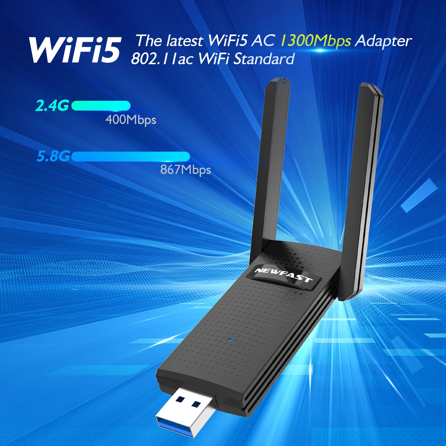 NEWFAST 1300Mbps USB WIFI Adapter High Speed Wireless Network Card 2.4G /5.8G Wi-Fi Antenna WPA3 Drive-free For PC NF-U327