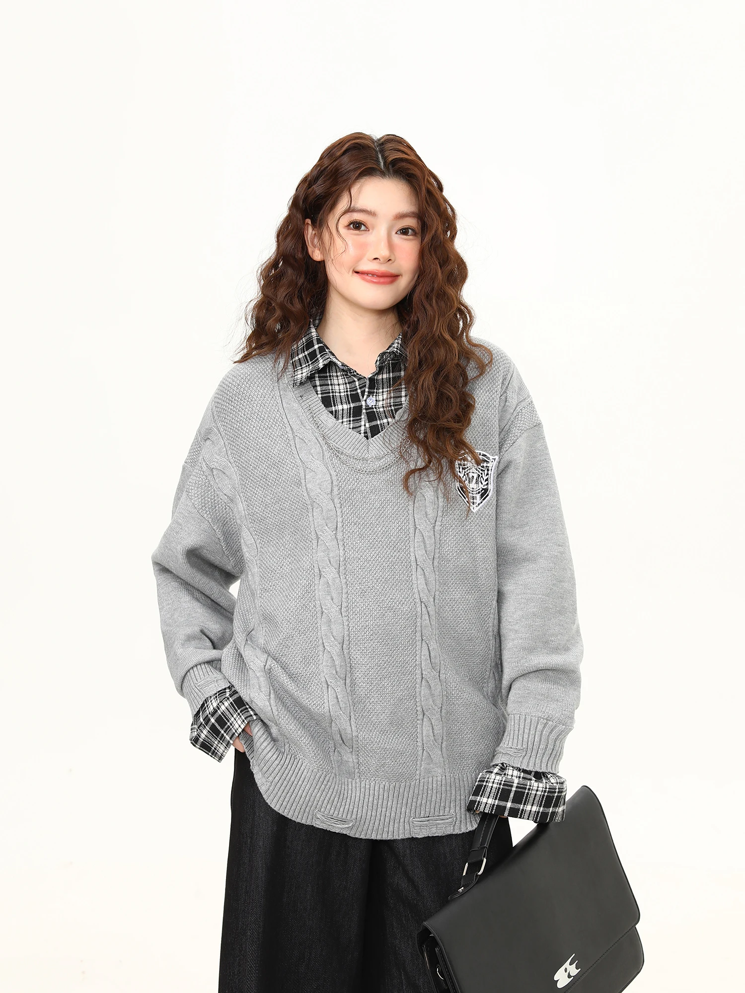 

Женский вязаный свитер в стиле ретро с клетчатыми вставками, имитация двухслойности, весна-осень, для колледжа, модный уличный стиль