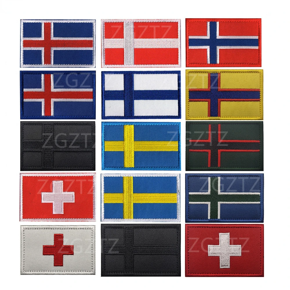 Sweden Norway Denmark Iceland Finland Switzerland Flag Embroidered IR Reflective Patches Emblem Appliqued Sticker Strip Badges