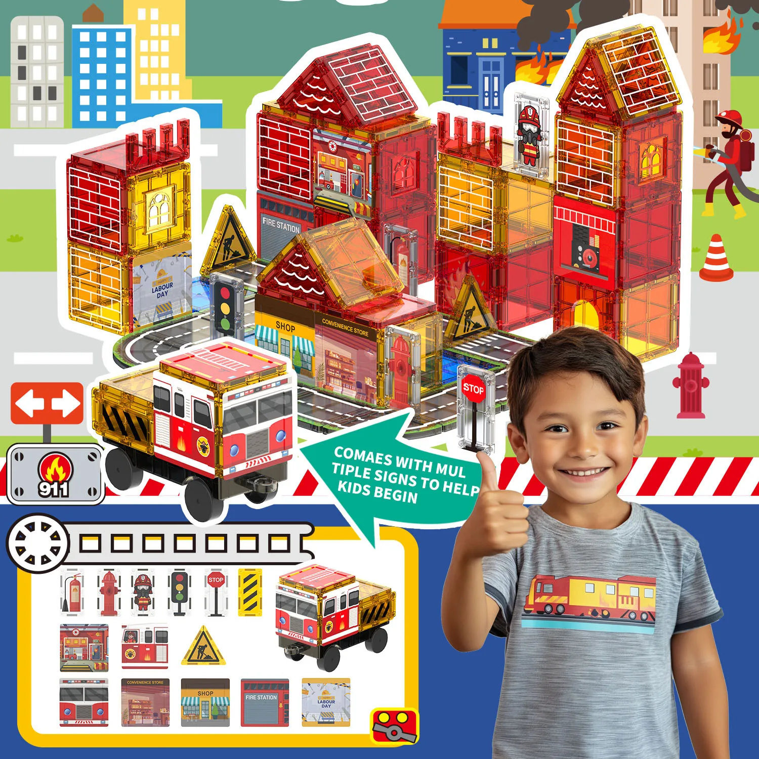 Magnetic sheet building block educational toy fire series colored window magnetic sheet birthday gift