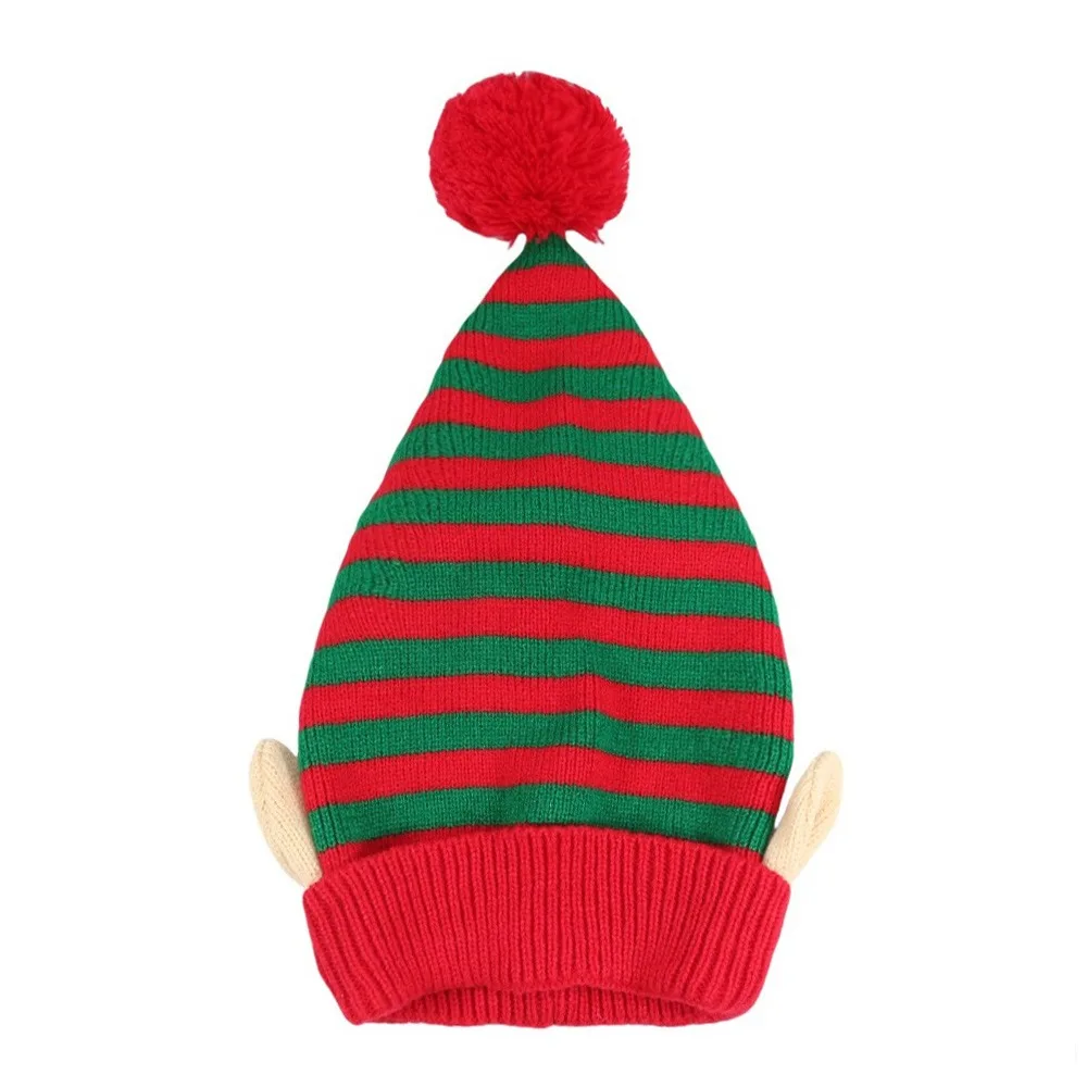 

Striped Pattern Christmas Hat with Small Ears Decoration Xmas Cap Jacquard Wool Ball Holiday Knitted Hat Festival Girls