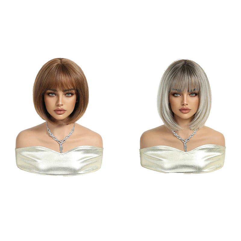 Un Bob de 12 pouces avec une perruque et une frange synthétiques marron grisâtre dégradé, convient aux fêtes d'été quotidiennes des femmes et Halloween