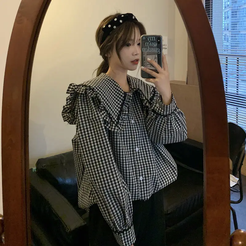 Shirt Women Sweet Clothes New Korean  French Style Peter Pan Collar Plaid Loose Fashion Design Cute Tender Lady College Ins