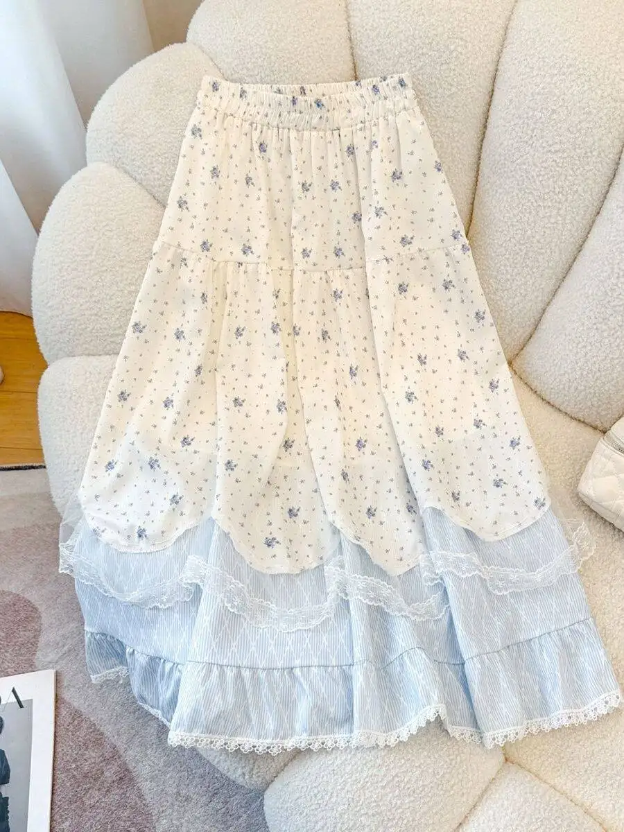 plus Size 300 Pounds Sister Gentle Style Lace Floral Half Skirt Women Summer Sweet A-Line Umbrella Skirt High Waist Elastic F...