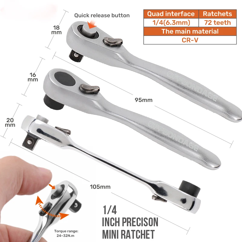 Bicycle Tools Ratchet Wrench - 1/4 Drive Ratchet Handle with 72 Teeth Quick Release Auto Motorcycle Repair Hex Wrench Set