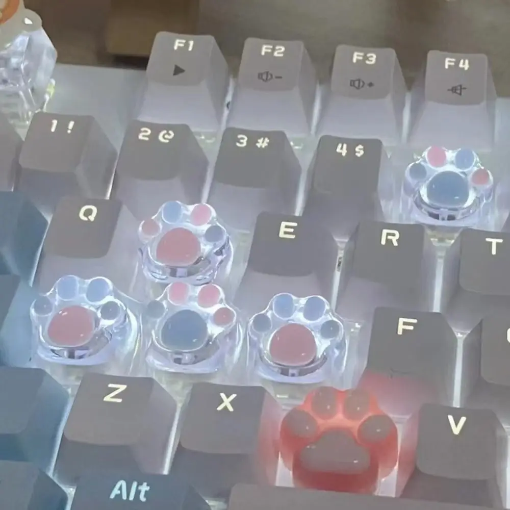 

1/4 Pcs Cute Translucent Cat Paw Keycap Cross Axis Pink Blue Mechanical Keyboard Key Cap Cartoon Resin ESC WASD Keycaps