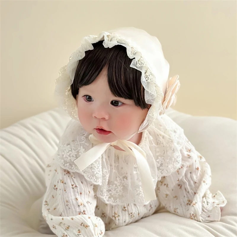 Spring Summer Lace Flower Baby Bonnet Adjustable Satin Princess Baby Girls Sun Hat Newborn Photography Props Lace Cap