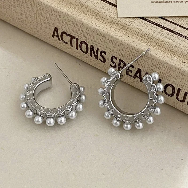 PONYKISS 925 Sterling Silver Needle Pearl Letter C Stud Earrings for Women Minimalist Trendy Fashion Jewelry Accessories