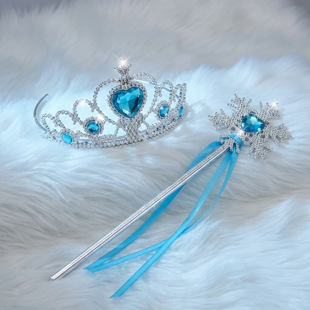 Girls Princess Dress Up Accessories Set Crown Tiara Wand Blue Gloves Hair Braid Kids Cosplay Costume Halloween Birthday Party