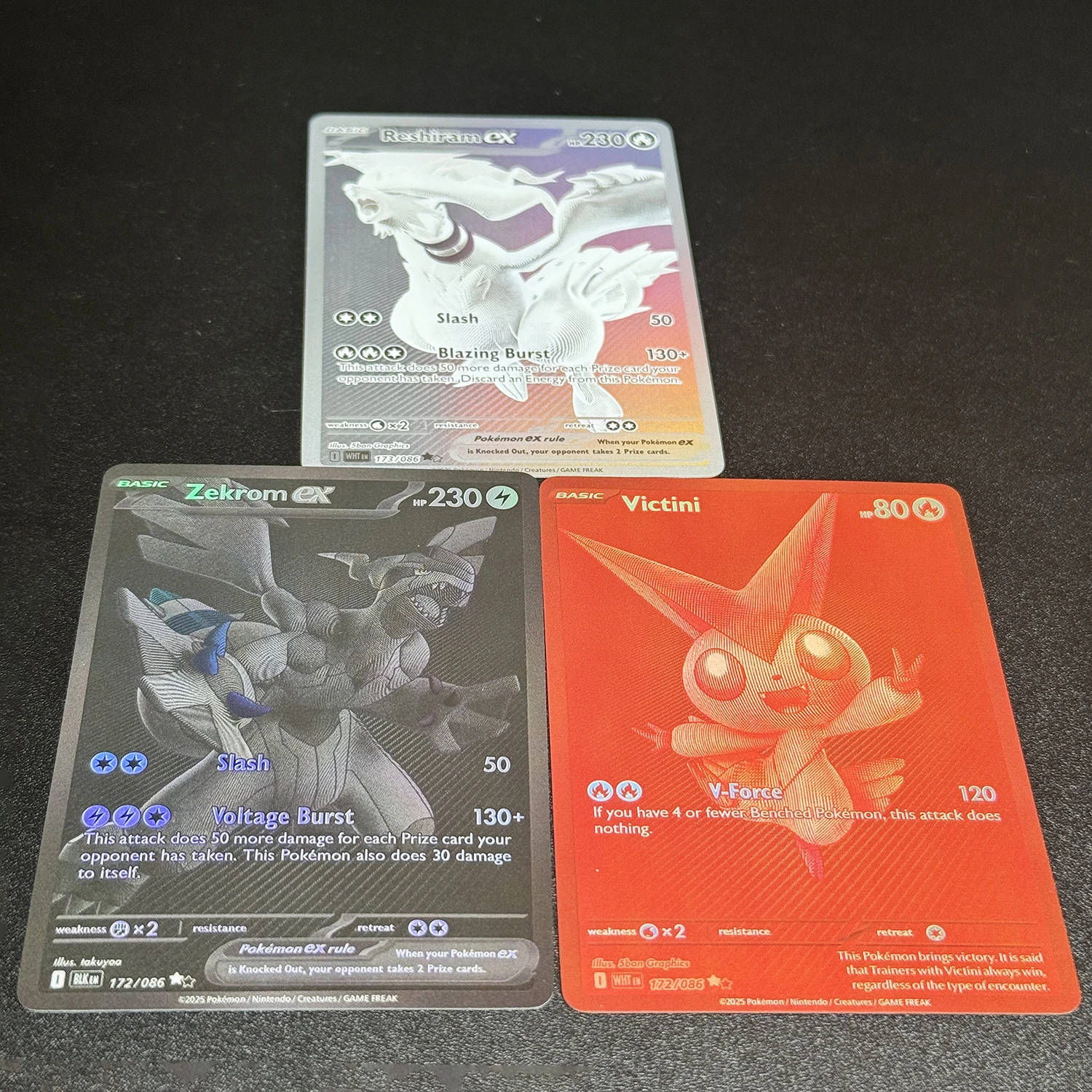 PKM احباط بطاقات الوكيل Victini 172 Zekrom ex 172 Reshiram ex 173/086 لتقوم بها بنفسك أرواق لعب PTCG جمع أنيمي نسخة بطاقات نادرة اللعب