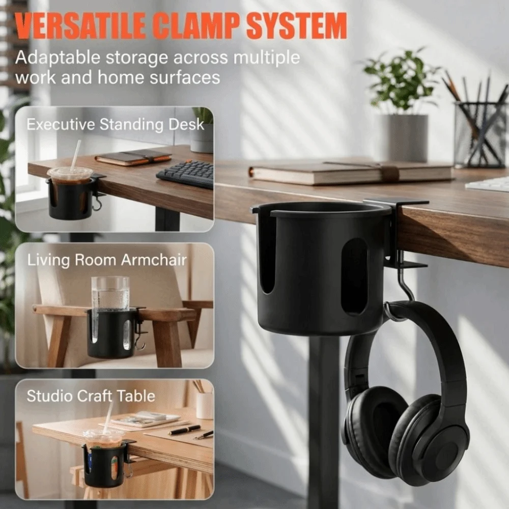 Space Saving 2 in 1 Clip-on Cup Holder Waterproof Rust Proof Desktop Mug Rack Metal with Hook Mug Floating Shelves Water Bottles