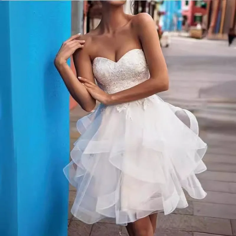 

2026 Elegant Short Wedding Dressees Sweetheart Lace Applique Ruffles Tulle A-Line Bride Bridal Garden Gowns Vestidos De Noiva