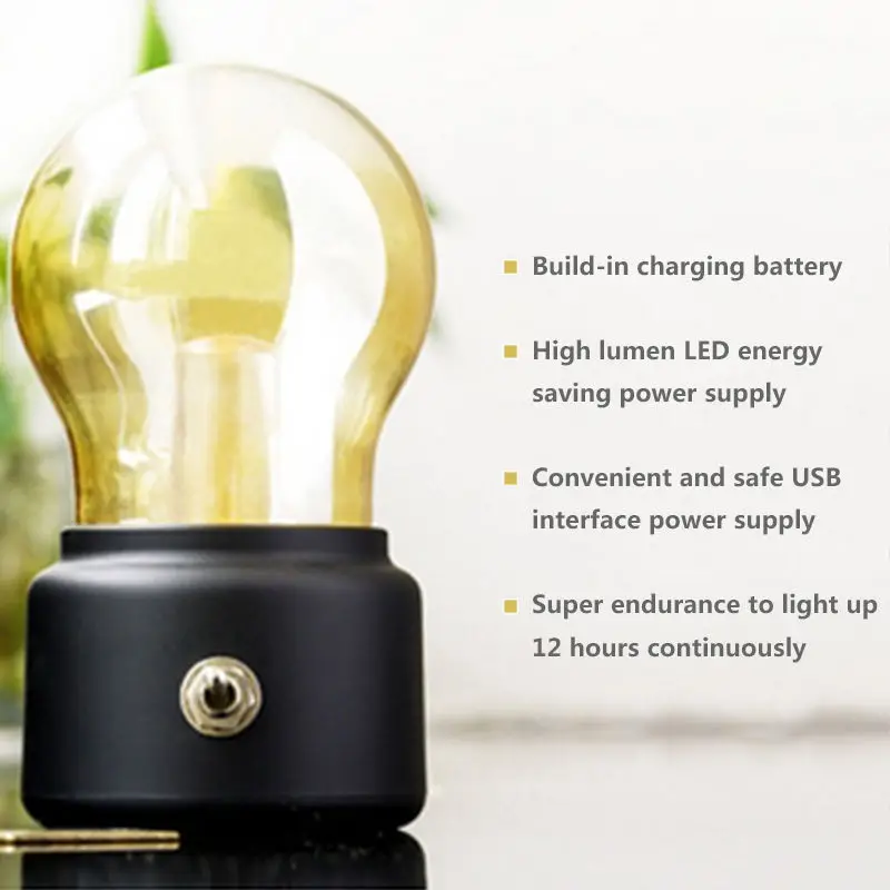 Vintage Retro Bulb Lamp LED Night Light Old Fashion USB Rechargeable Desk Table Lamp Bedside Lamp With Switch ON/OFF Best Gift