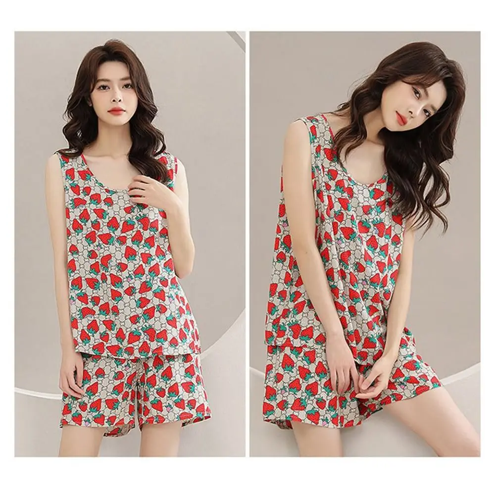 ファッションかわいい女性のパジャマセット花柄プリント格子花柄パジャマルーズラウンドネックツーピースナイトウェア春夏