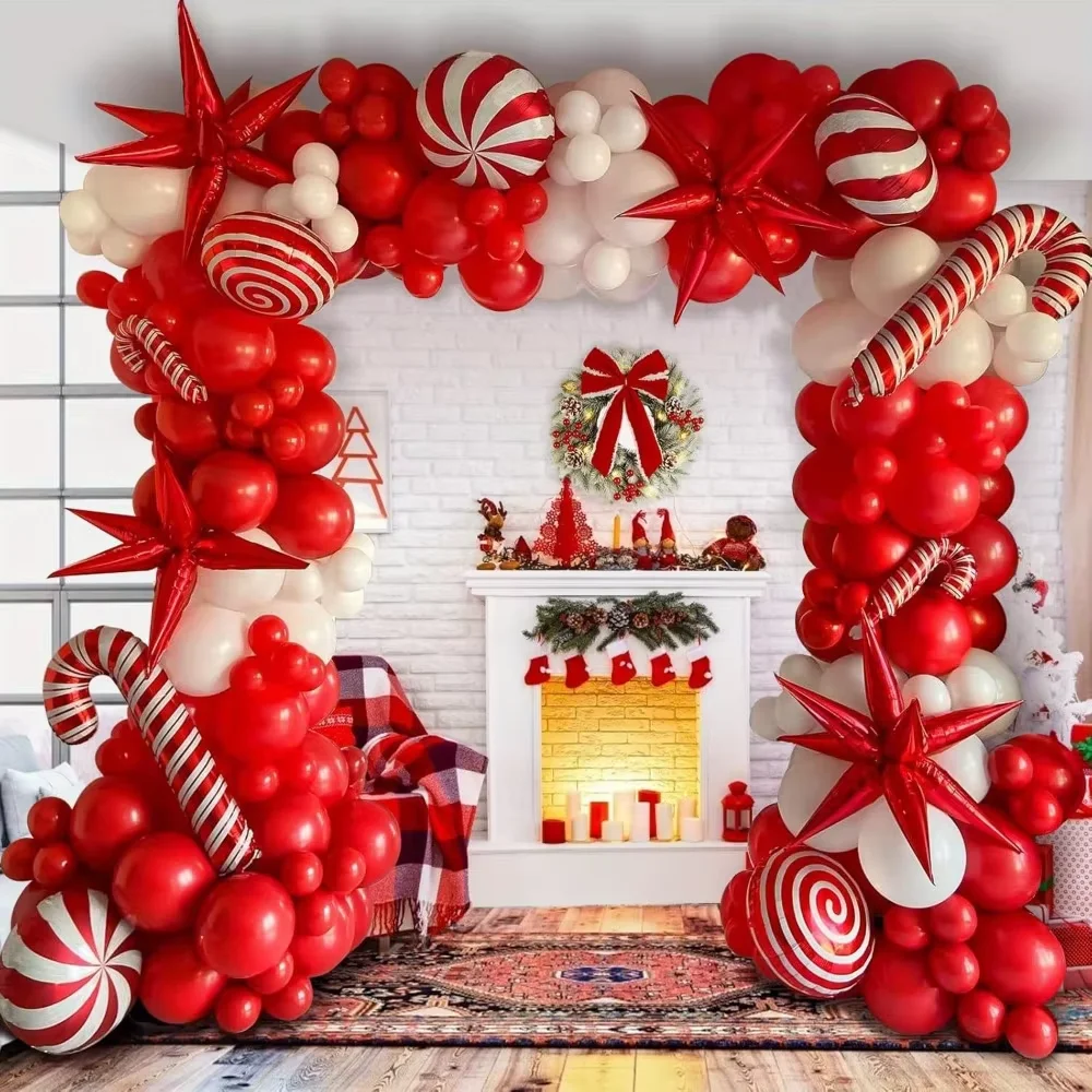 154-teiliges festliches rotes und weißes Ballon-Set, Popcorn-Lutscher, Sterne und Kränze, zum Dekorieren von Partyzubehör für Weihnachten und Neujahr