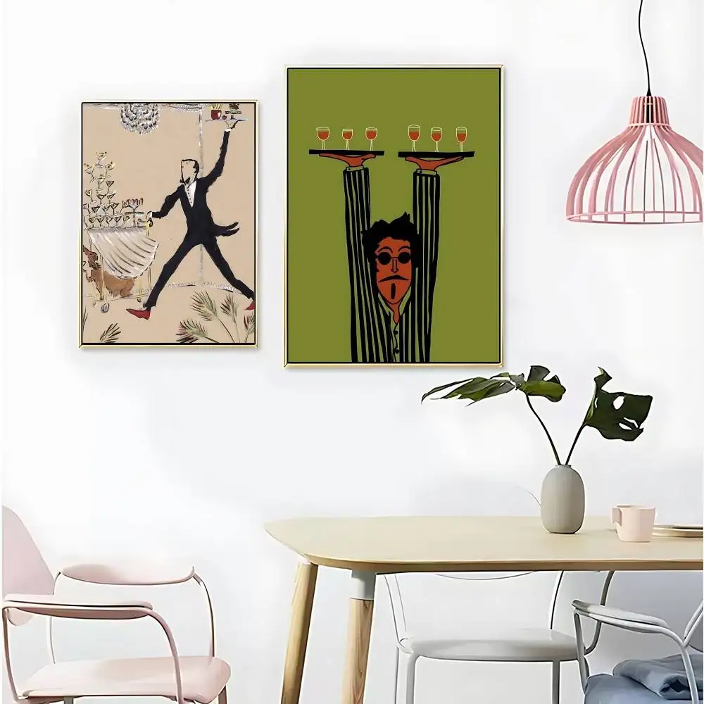 Retro Abstract Flustered Wine Serving Waiter  Poster Canvas Painting Print For Home Living Room Bedroom Decorative Pictures