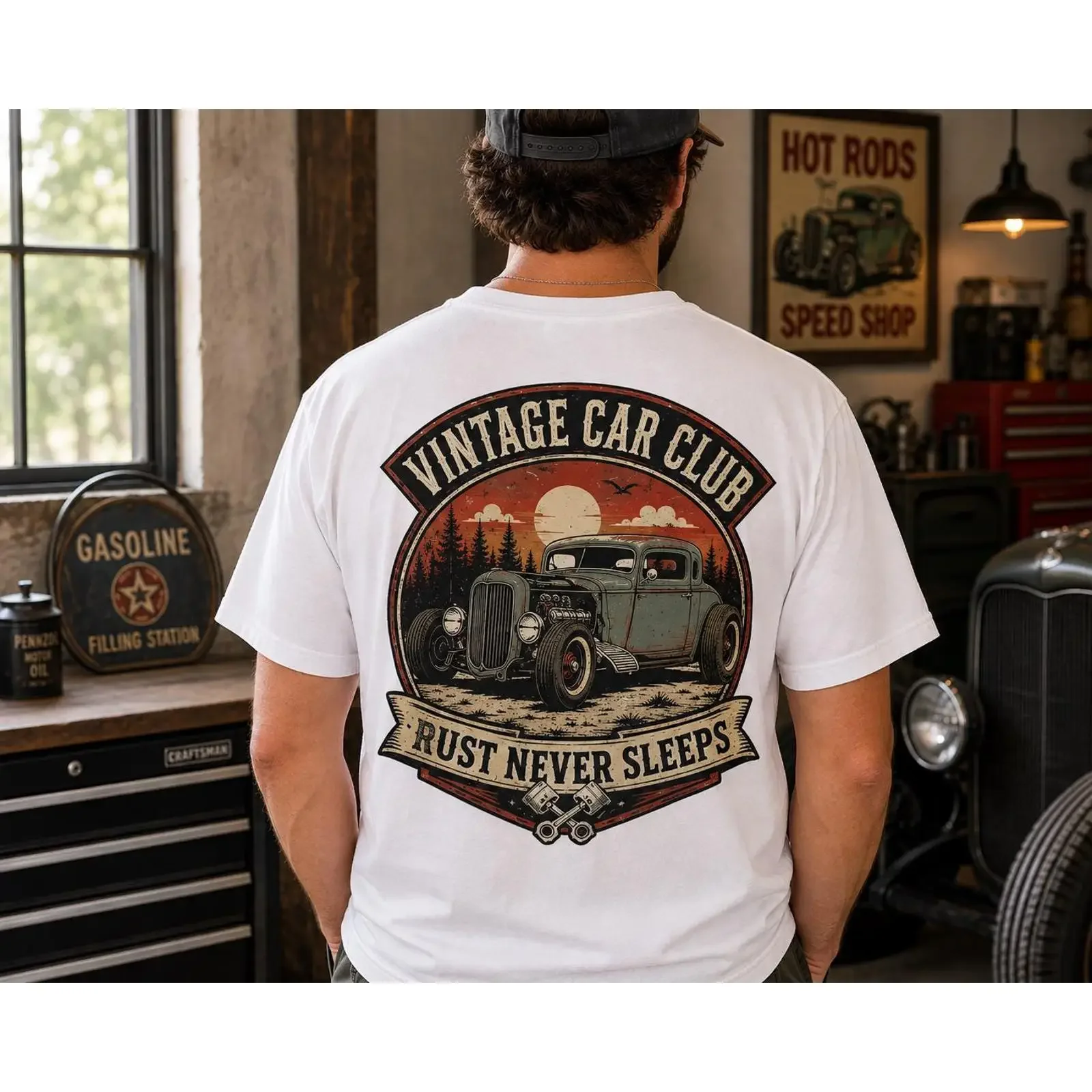 Vintage Car Club T Shirt Rust Never Sleeps Funny Hot Rod for Enthusiasts Retro Classic  vintage Washed fashion Stretched