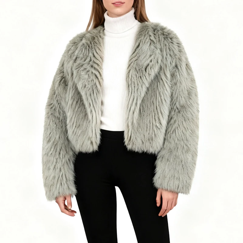 

Зимний женский кардиган из искусственного меха, серые пальто с шалевым воротником, свободные теплые женские куртки с длинными рукавами, уличная одежда, пальто из ягненка