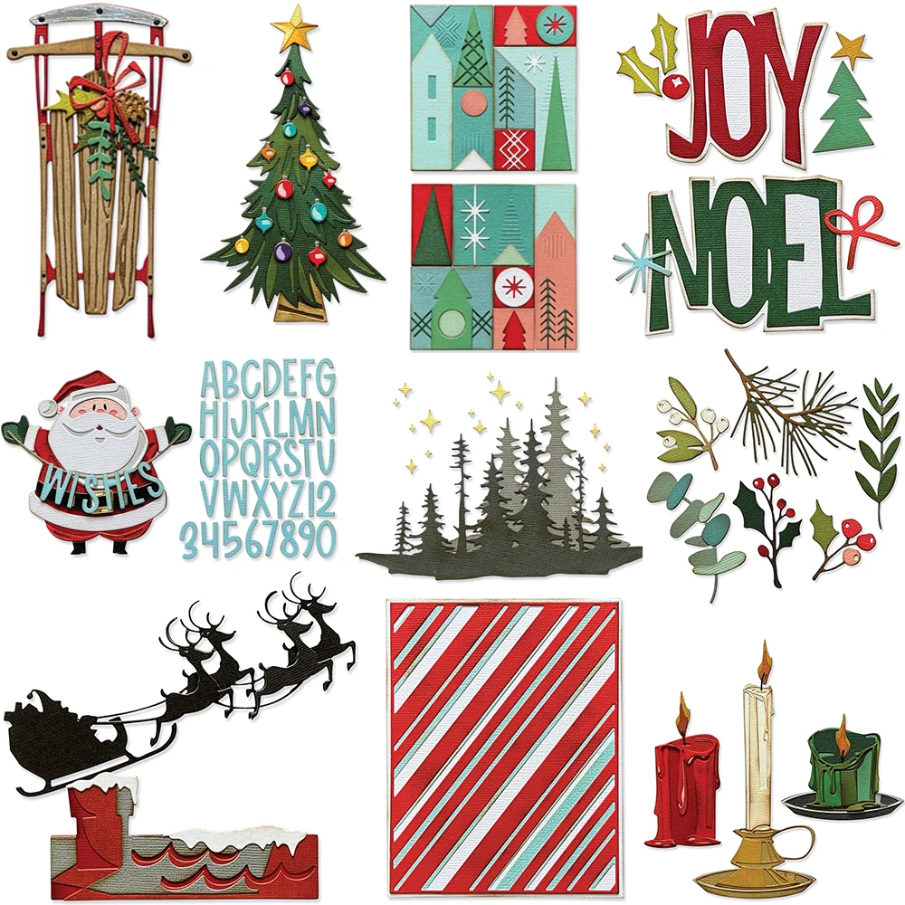 Christmas Tree Holiday Blocks Sled Metal Cutting Dies Santa Claus Candle Diecut Set For DIY Scrarpbooking Paper Craft Making New