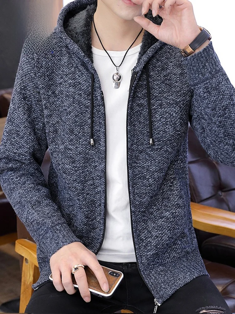 

Rn Men's Hooded Knitted Cardigan Fce Lined Winter Warm Outerwear Casual Faion Urban Sle Long Sve Regular Fit