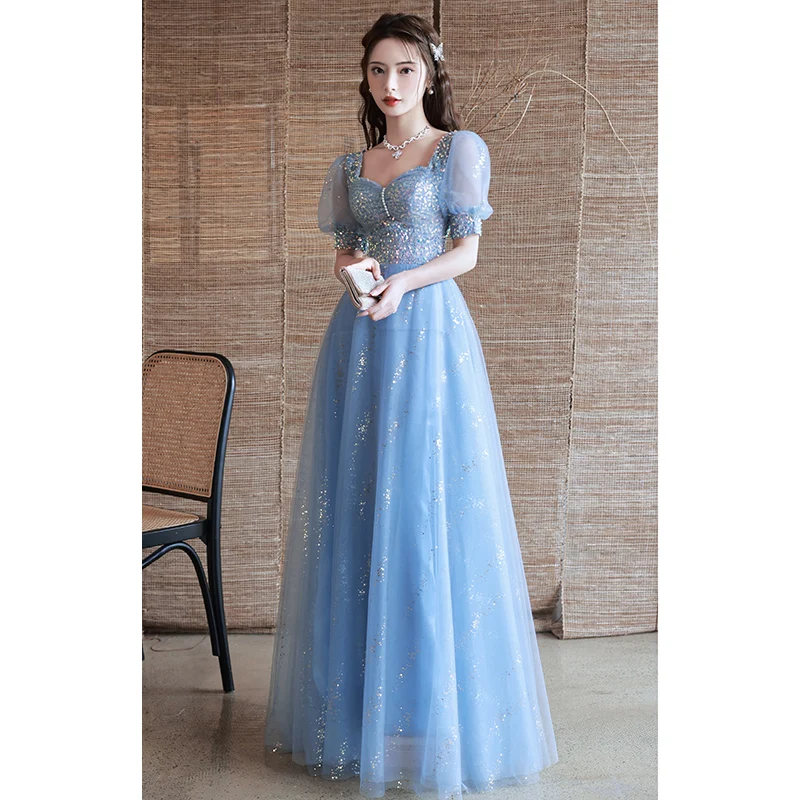 

Fancy Tulle Blue Prom Dresses For Bithday party Elegant Square Neck Floor-Length Women Graduation Prom Gowns 2024