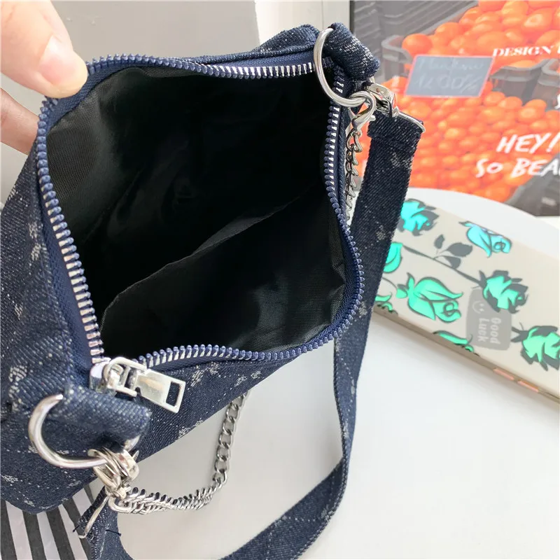 1pcs ladies denim shoulder bag fashion chain decoration women\'s bag plaid printed crescent bag