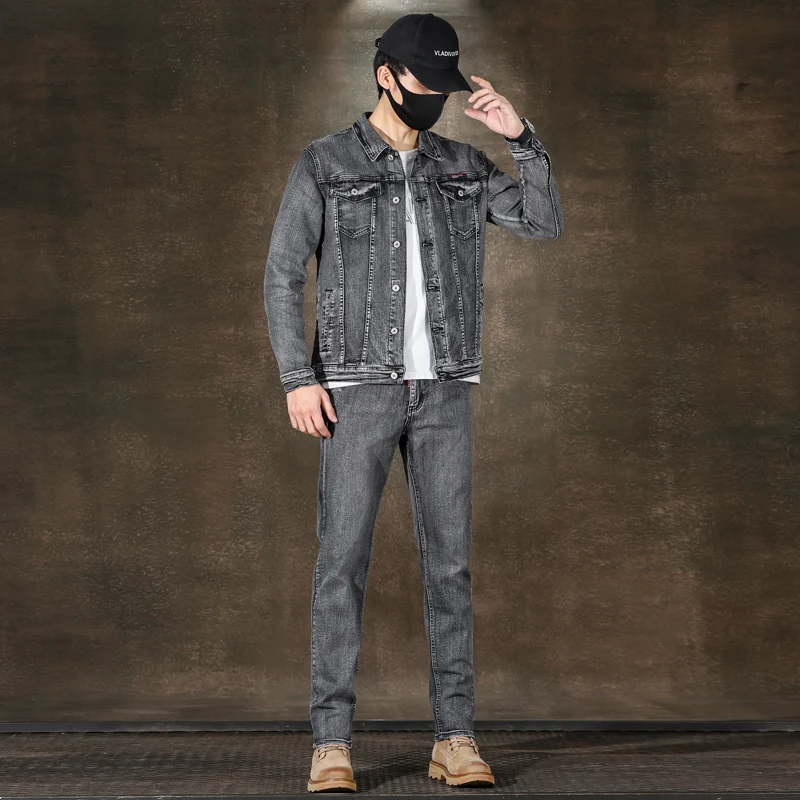 2024 Frühling und Herbst American Grey Denim Jacke Set klassische einfache gewaschene Stretch Jeans Männer Kleidung Kleidung für Männer