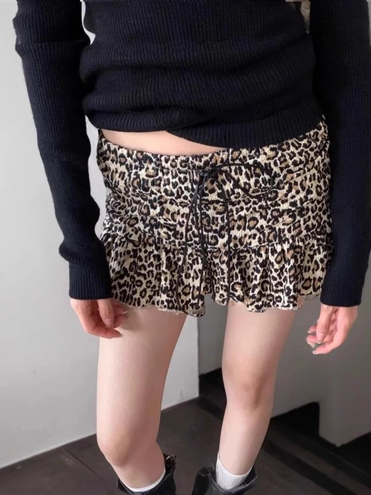

Leopard Print Bandage Women Short Skirt 2025 Summer Spicy Girl Retro A-line Cake Mini Skirts Sexy Y2k Chic Streetwear