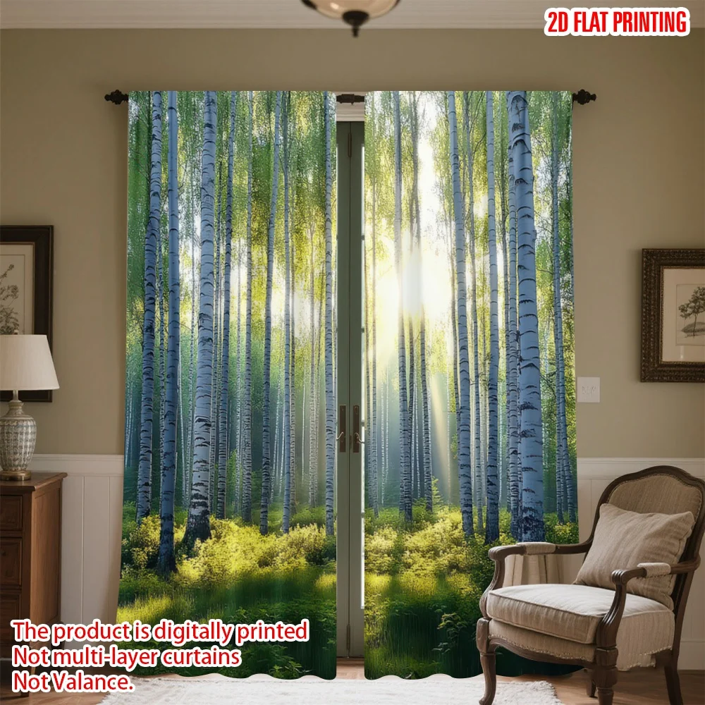 

2D flat printing 2pcs Curtain Sunlit Birch Forest Digital Printed Polyester Drapes Festive Curtains Perfect for Indoor