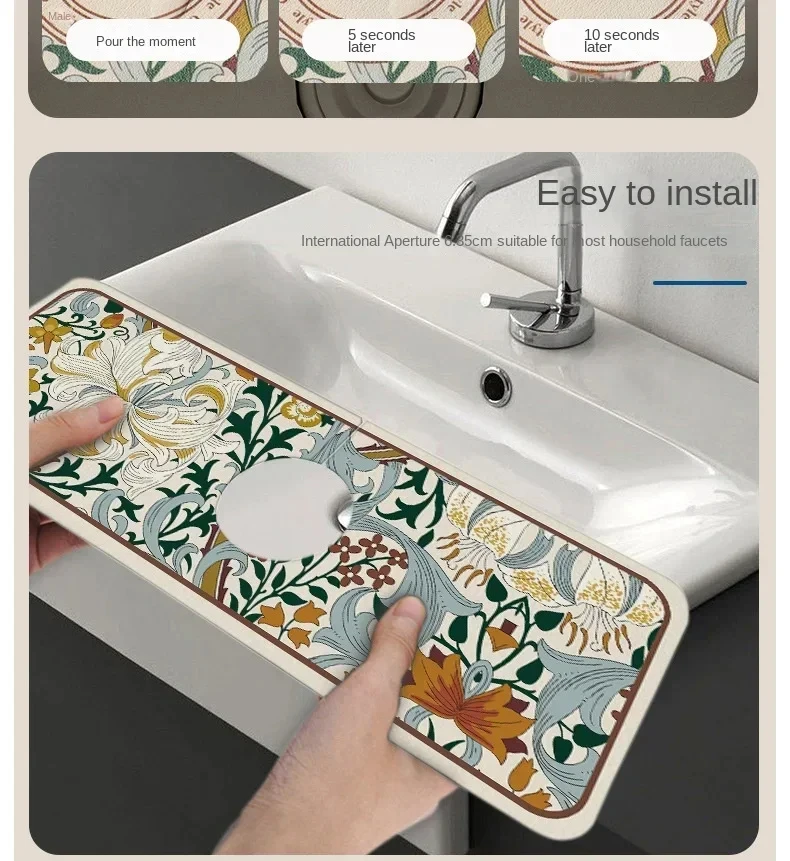 Sink Faucet Mat Quick Dry Diatomaceous Earth Drain Mat Super Absorbent Non-Slip Suitable for Kitchen Sink Bathroom