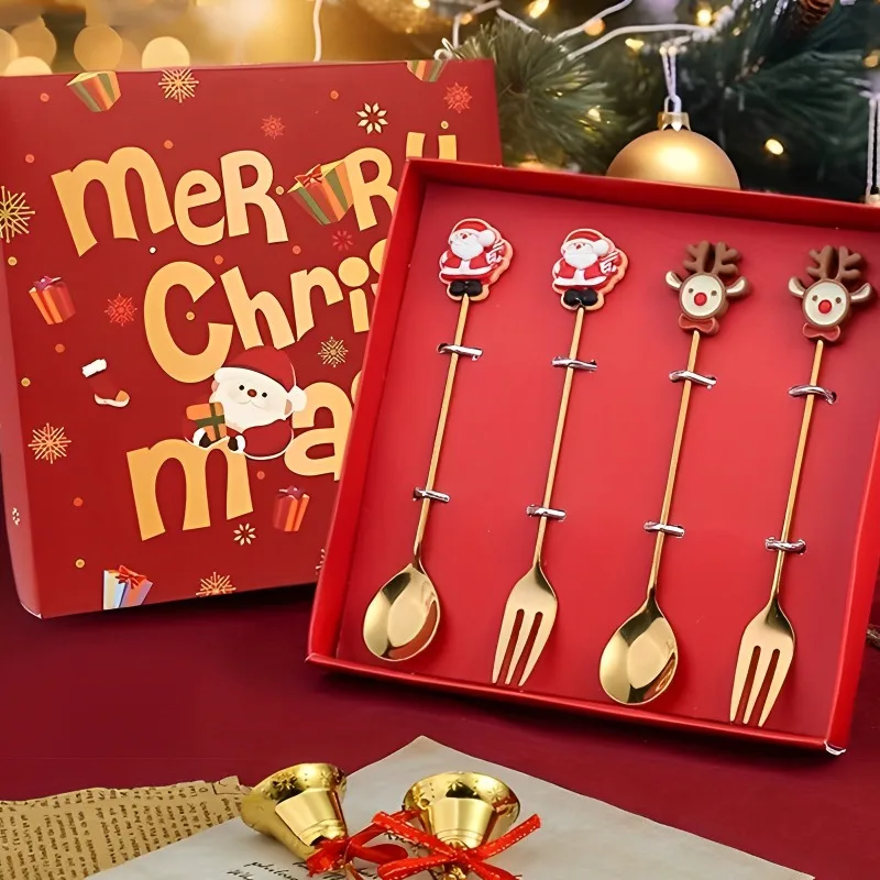 Ensemble de couverts de Noël en acier inoxydable, cuillère à café, cuillère à dessert, fourchette à fruits, wapiti, père Noël, fourchette, cadeau britannique du Nouvel An