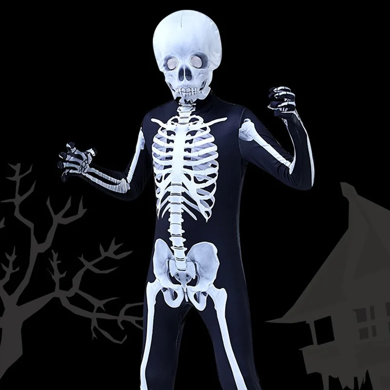 Childern 할로윈 코스프레 해골 해골 인쇄 유령 점프 슈트 키즈 카니발 파티 코스프레 공연 무서운 의상 바디 슈트