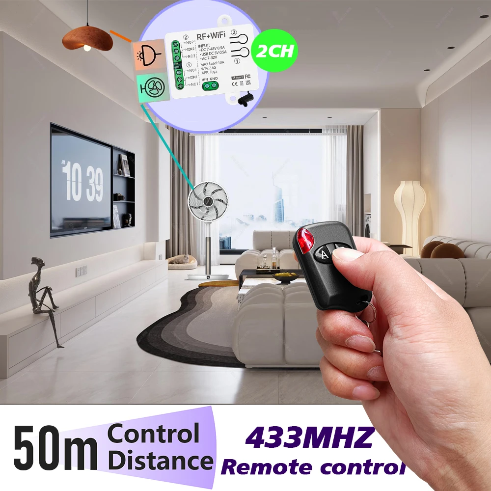 RF Wireless remote control switch TUYA WiFi smart home DC12V 24V 48V 2CH dry contact relay for Garage Light Surveillance camera
