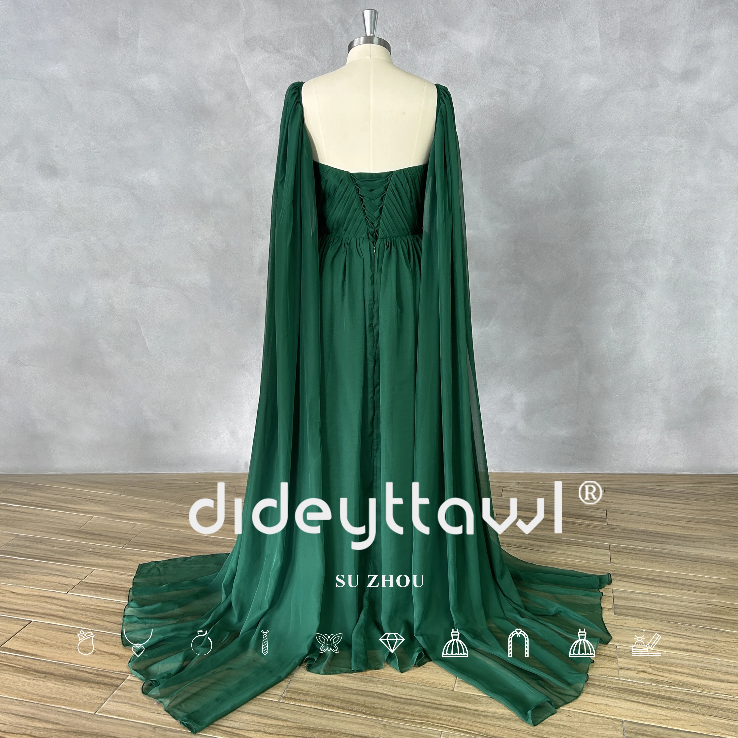 DIDEYTTAWL Real Photos V-Neck Long Sleeves Pleats Prom Dress Chiffon Lace Up Back A-Line High Side Slit Court Train Evening Gown