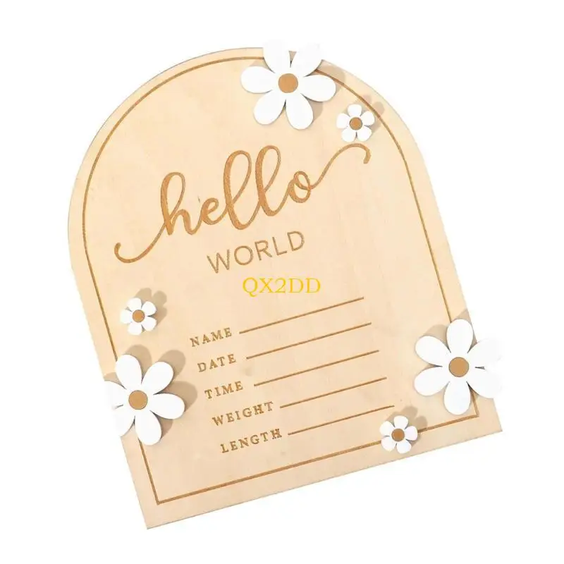 QX2D Creative Wooden Baby Announcement Sign Hello Newborns Name Plaque Birth Announcement Board for Hospital Visits