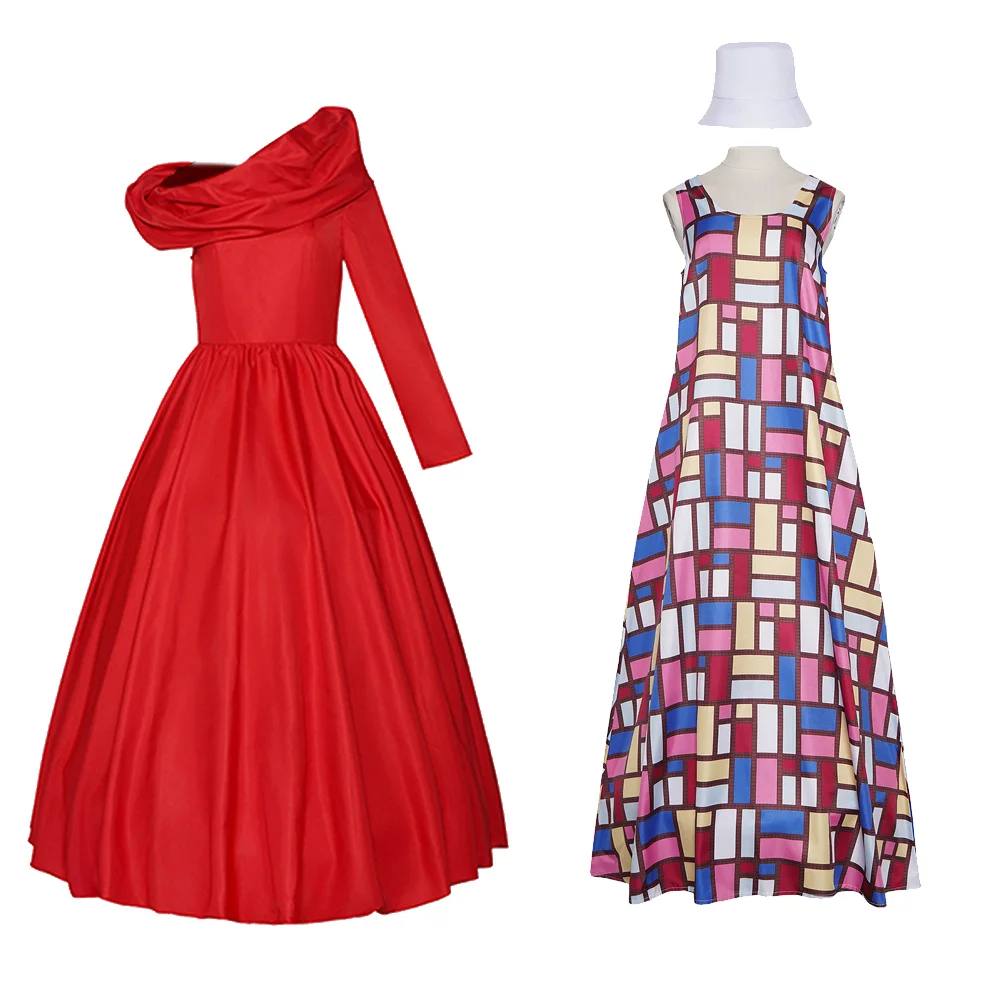 Disfraz de Andy Miranda para niños y adultos, vestido rojo de un solo hombro estilo Mondrian, sombrero tipo pescador, disfraz de Halloween
