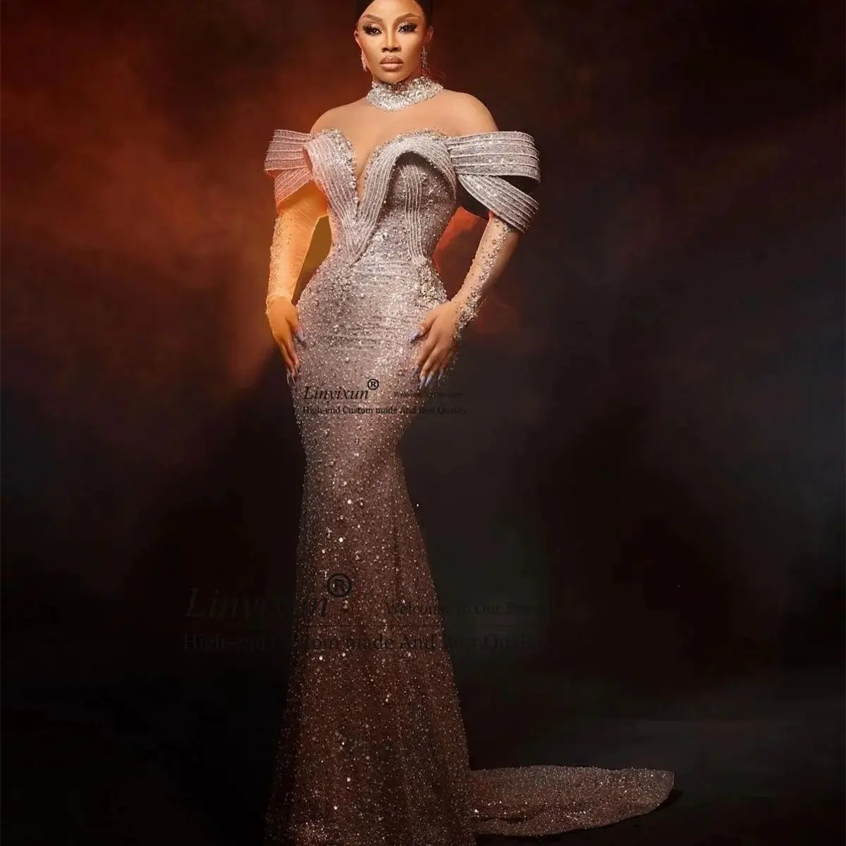 Luxe pailletten kristallen zeemeermin galajurk Afrikaanse Dubai avondjurk Aso Ebi off-shoulder Robe De Soiree aangepast