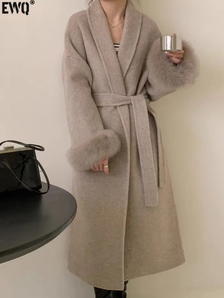 [EWQ] Chic Brown Woolen Coat Overcoat Brown Wool Tops Chemisier Femme Gray Long Jacket Trendy Women's Clothing 2025 Winter New