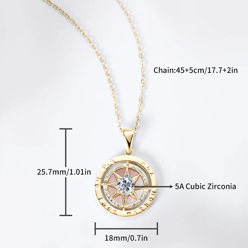 RAPRGOLD 925 Sterling Silver Compass Necklace 6.5mm Sparkly Cubic Zirconia Fashion Pendant Necklaces for Women Men Jewelry Gift