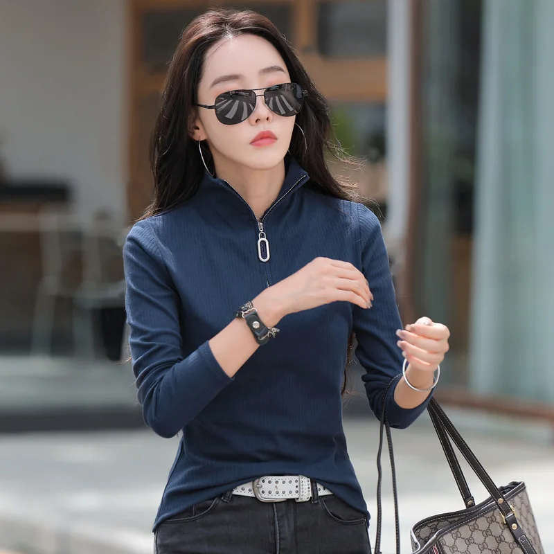 HI-FASHION Korean Slim Office Shirt Women Casual Pullover Spring Cotton Lapel Long Sleeve Zipper Top tees For Woman Plus size