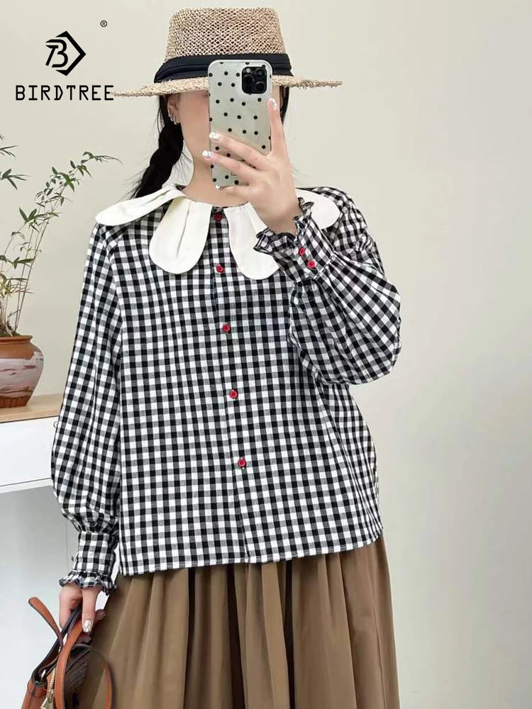 

New 2026 Spring Cotton Long Sleeve Shirt, Women Petal Collar Plaid Print, Mori Girl Preppy Style Commute Loose Blouse T61580CC