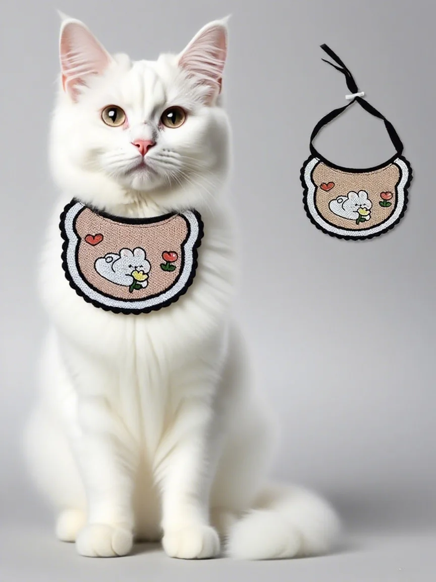 

[Adorable Little Rabbit Embroidery] Cat bib made of pure cotton, pet wet wipes towel, dirt-proof headband, cat accessory